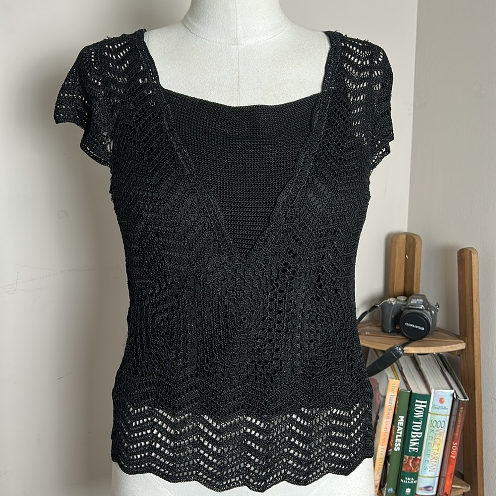 Alfani Black Crochet Blouse Vintage Rayon size M